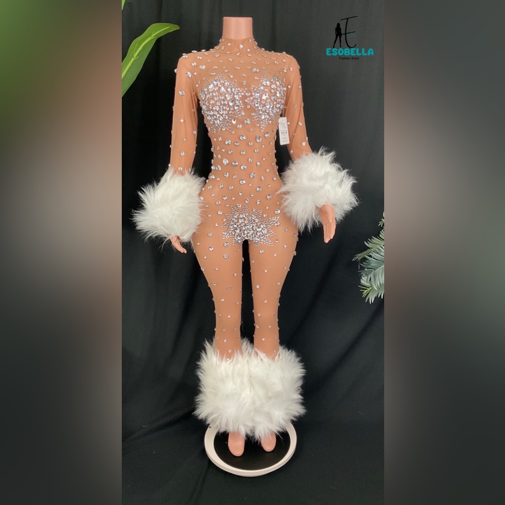 Crystal embellished bodycon feather long sleeve jumpsuit